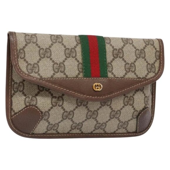 GUCCI GG Supreme Web Sherry Line Pouch PVC Beige Gold Red Auth 133474 - Picture 1 of 16